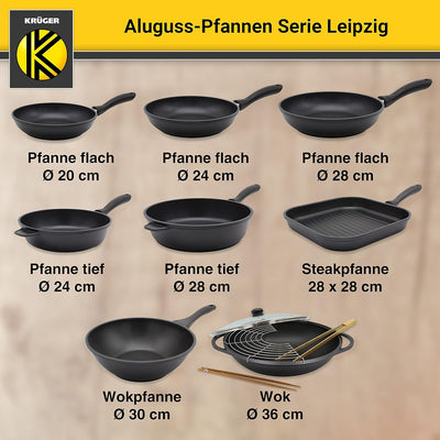 KRÜGER Aluguss-Wok Leipzig mit Glasdeckel und Zubehör 36 cm - Wokpfanne mit Antihaft Versiegelung -