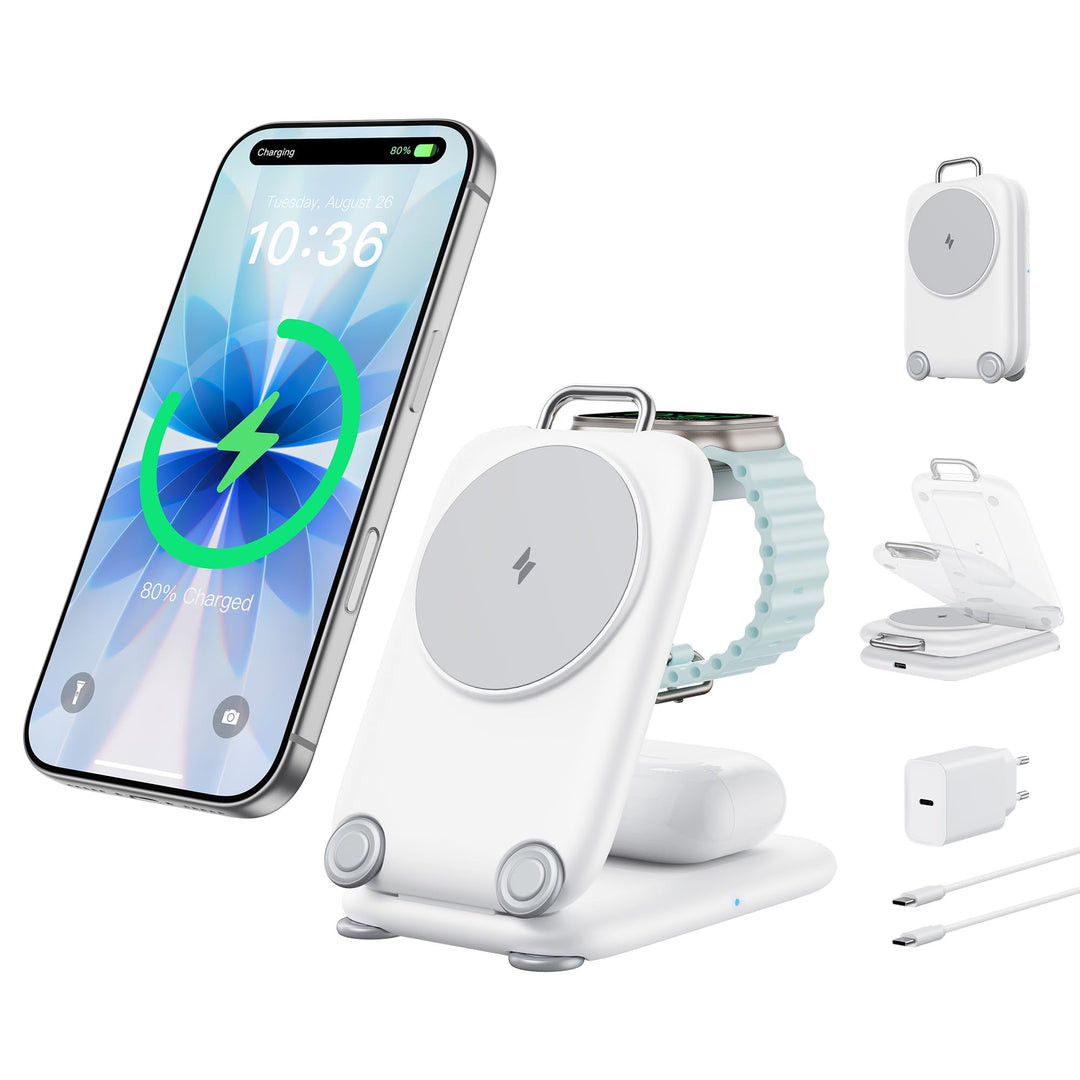 Mukiya Magnetisch Ladegerät Kabellose Ladestation für Apple-Geräte, Faltbar 3 in 1 Ladestation Kompa