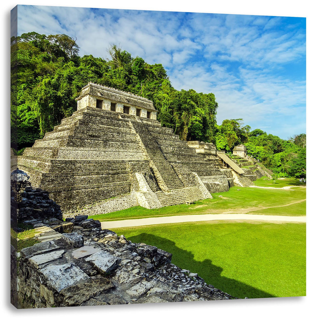 Pixxprint Maya Pyramiden aus Palenque als Leinwandbild/Grösse: 70x70 cm/Wandbild/Kunstdruck/fertig b