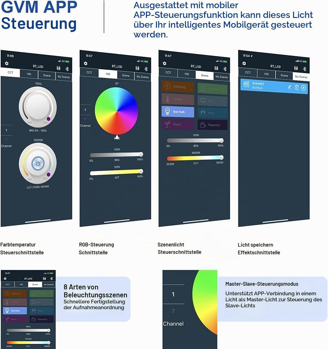 GVM LED Videoleuchte Panel Set, 60W LED Video Beleuchtung mit Ständer, 3200K~5600K APP-Steuerung LED