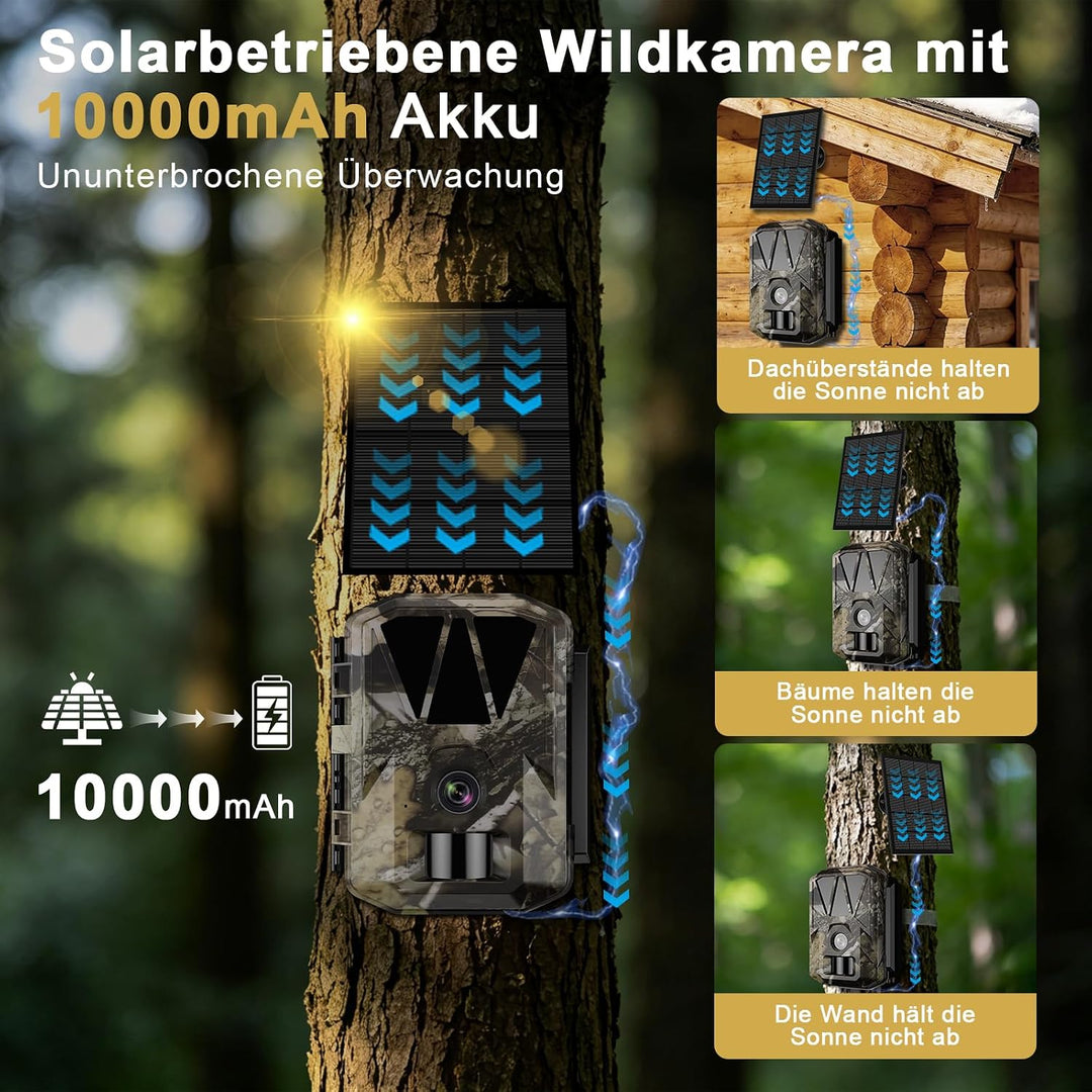 Wildkamera WLAN 5K/64MP mit Wiederaufladbare 10000mAh Akku | Wildtierkamera Solar, Handyübertragung