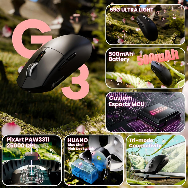 ATTACK SHARK G3 Kabellose Gaming-Maus, 25000 DPI, PAW3311-Sensor, 59g Superlight G305 Gamer-Mäuse, 8
