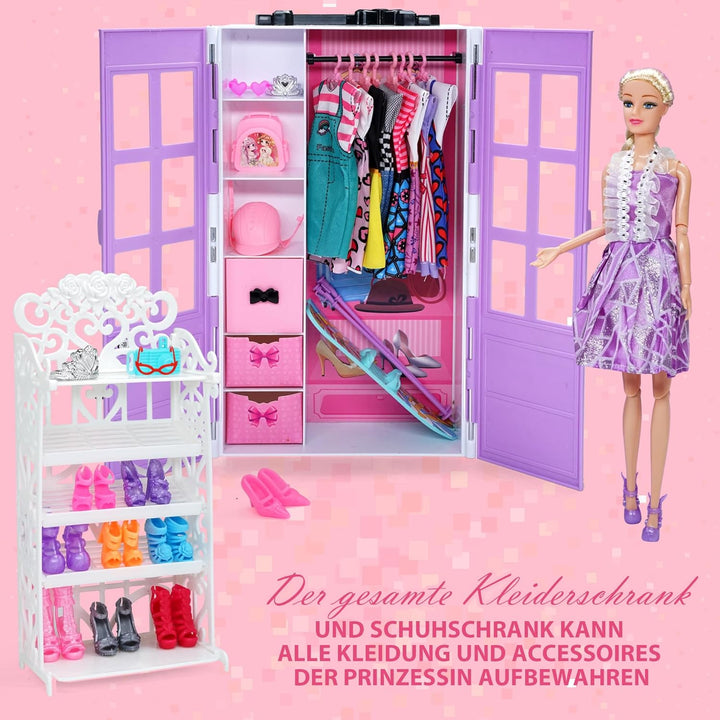 Sidola Doll Closet Kleidung und Accessoires - 135-teilig mit Stauraum für Puppen, Kleiderschrank-Set