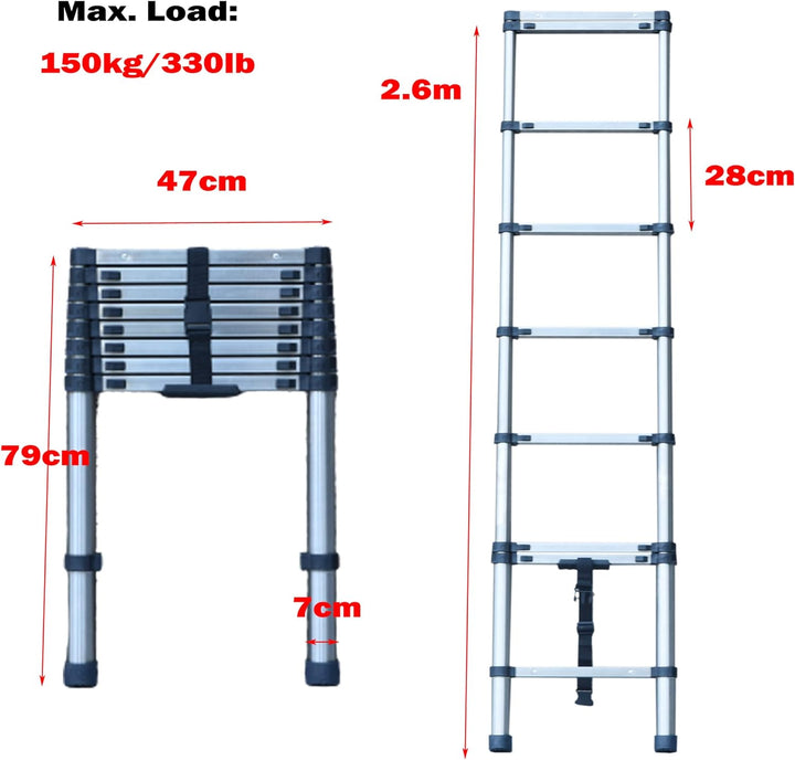 2,6M Teleskopleiter, Mehrzweckleiter ‎Edelstahl, 150 kg/330 Pfund Belastbarkeit, Ausziehbar Aluleite