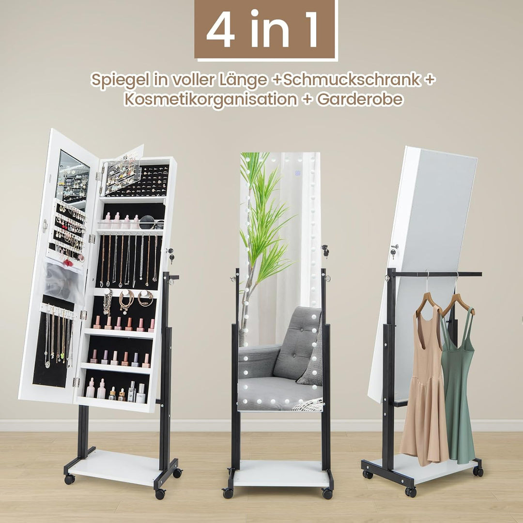 COSTWAY Schmuckschrank mit Rollen, 4 in 1 Spiegelschrank mit 3-farbig LED Leuchten & verstellbarer H