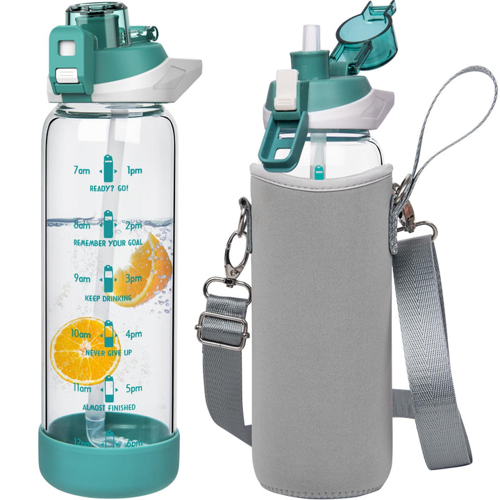 Seekua 0.8l Sport Trinkflasche Glas Flasche mit Strohhalm &amp; Zeitmarkierung 800ml auslaufsicher bpa f
