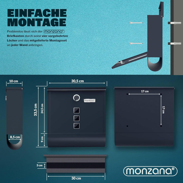 MONZANA® Design Briefkasten Stahl mit Zeitungsfach Sichtfenster Namensschild drehbare Abdeckung Kreu