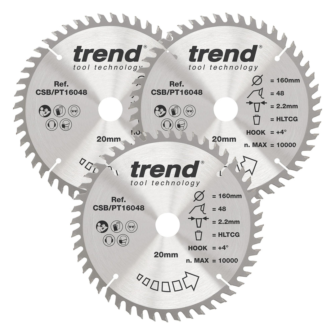 Trend CraftPro Dreierpack TCT-Kreissägeblätter, 160mm Durchmesser x 48 Zähne x 20mm Bohrung, Hartmet