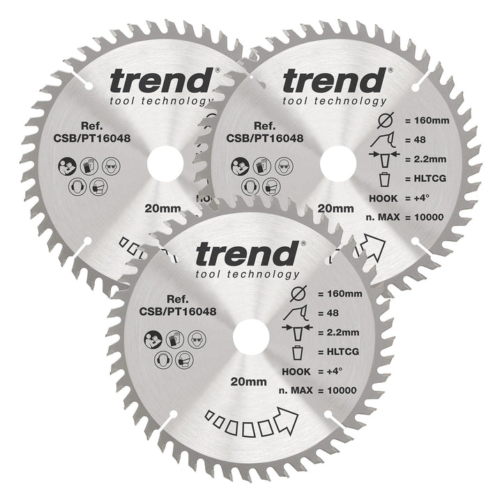Trend CraftPro Dreierpack TCT-Kreissägeblätter, 160mm Durchmesser x 48 Zähne x 20mm Bohrung, Hartmet