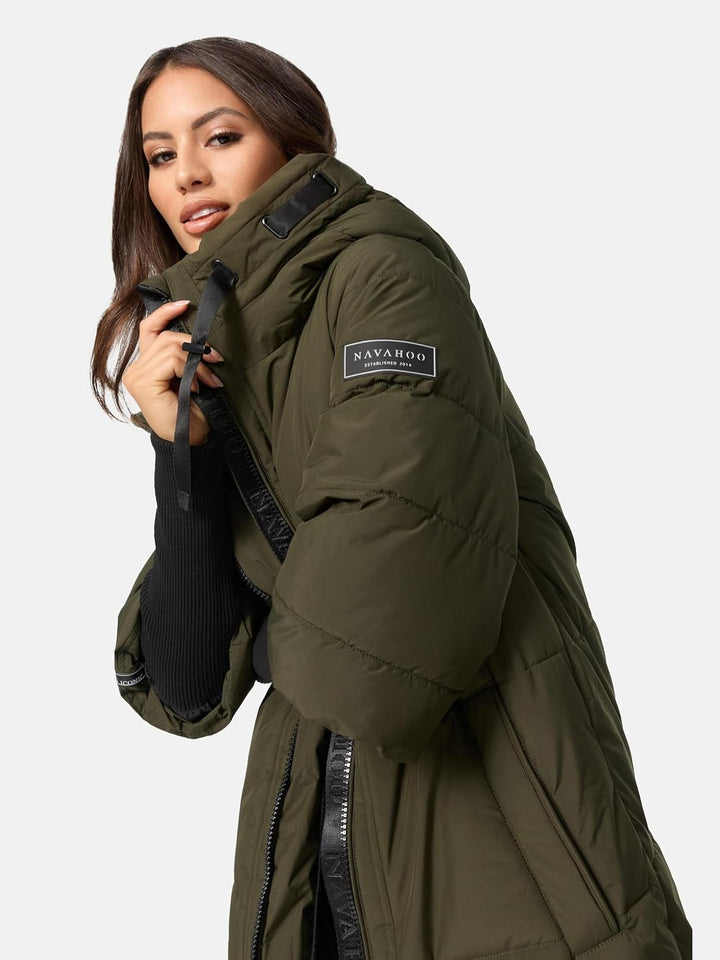 Navahoo Damen Langer Wintermantel Warmer Steppmantel mit Kapuze und Rippstrickärmeln Ciao MIAU XIV X