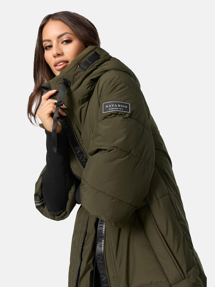 Navahoo Damen langer Wintermantel warmer Steppmantel mit Kapuze und Rippstrickärmeln Ciao Miau XIV X