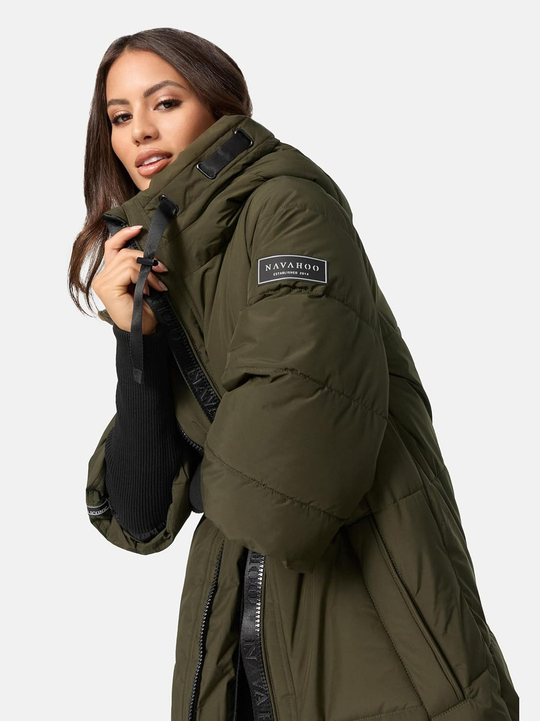 Navahoo Damen langer Wintermantel warmer Steppmantel mit Kapuze und Rippstrickärmeln Ciao Miau XIV X