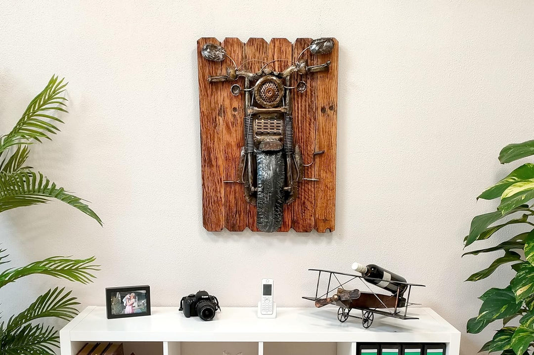 Metall Wandbild Motorrad auf braunen Holz-Planken 55 x 75cm Wand-Deko retro look vintage Skulptur, M
