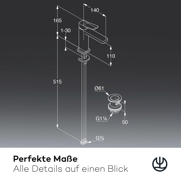 KLUDI-X3 Waschtischarmatur mit Push-Open Ablaufgarnitur, Auslaufhöhe 110 mm, wassersparender Wasserh