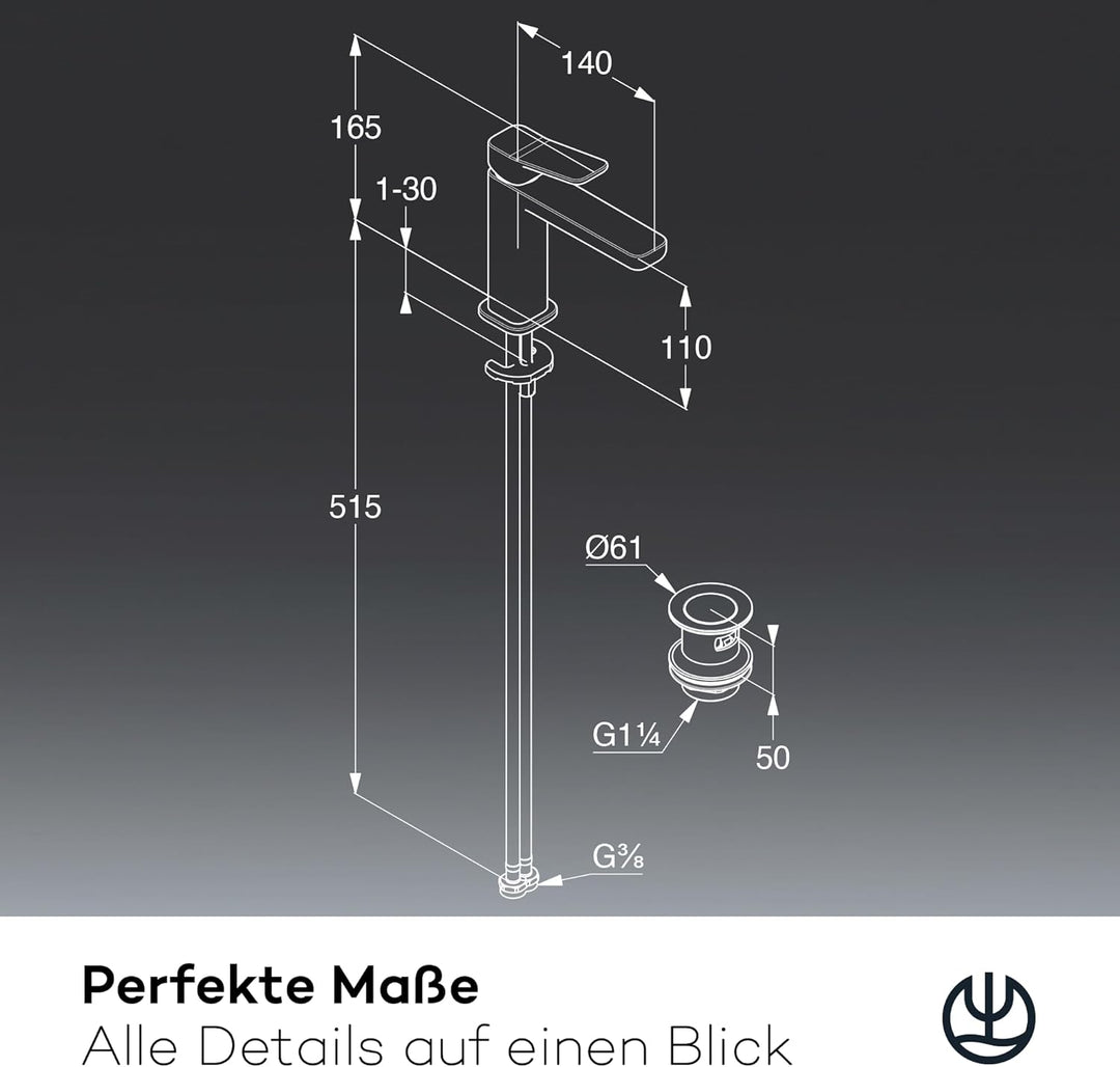 KLUDI-X3 Waschtischarmatur mit Push-Open Ablaufgarnitur, Auslaufhöhe 110 mm, wassersparender Wasserh