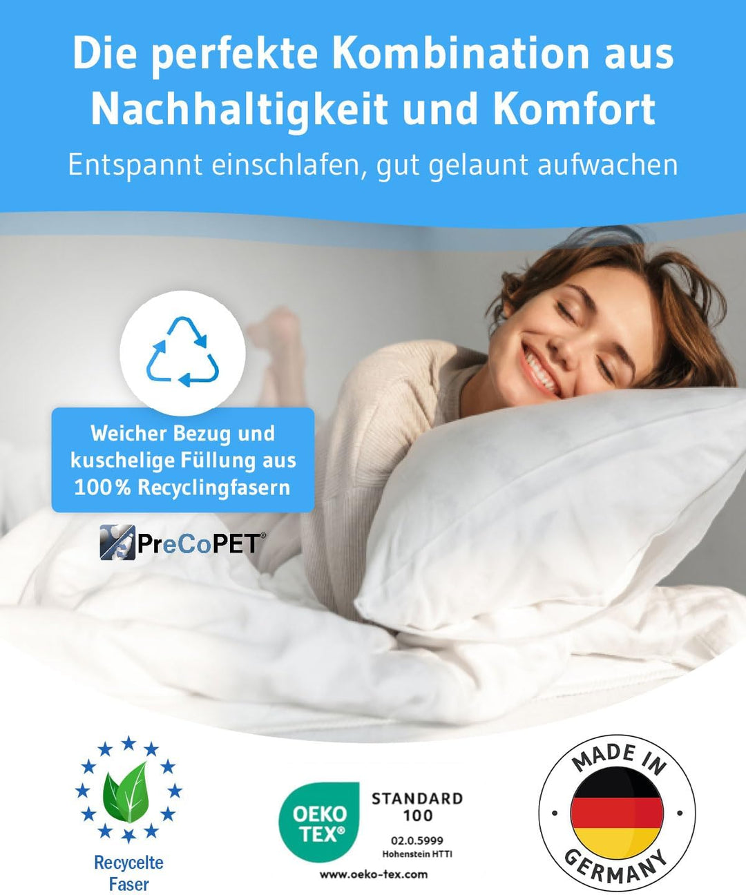 Kopfkissen 40x80 VERDA 2er Set, 100% nachhaltig, Orthopädisches 40 x 80 cm Bett-Kissen, Pillow aus r
