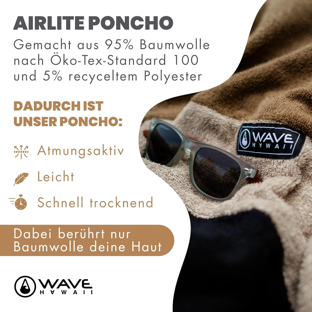 WAVE HAWAII Cumbuco Surfponcho für Körpergrössen von 160-190 cm Poncho 95% ÖKO Baumwolle Umkleidehil