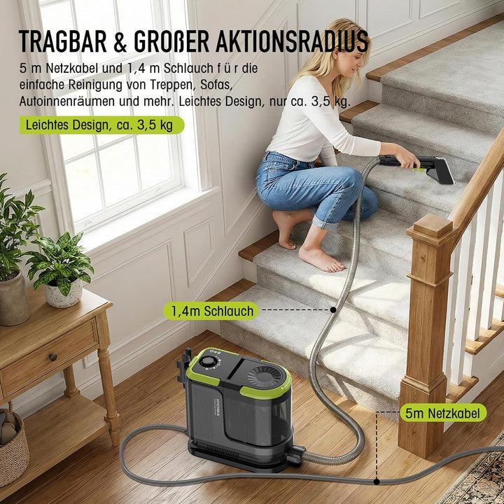 HYCHIKA Nasssauger Polsterreiniger Gerät 1800W,17 kPa Teppichreiniger Waschsauger, Tragbarer Teppich