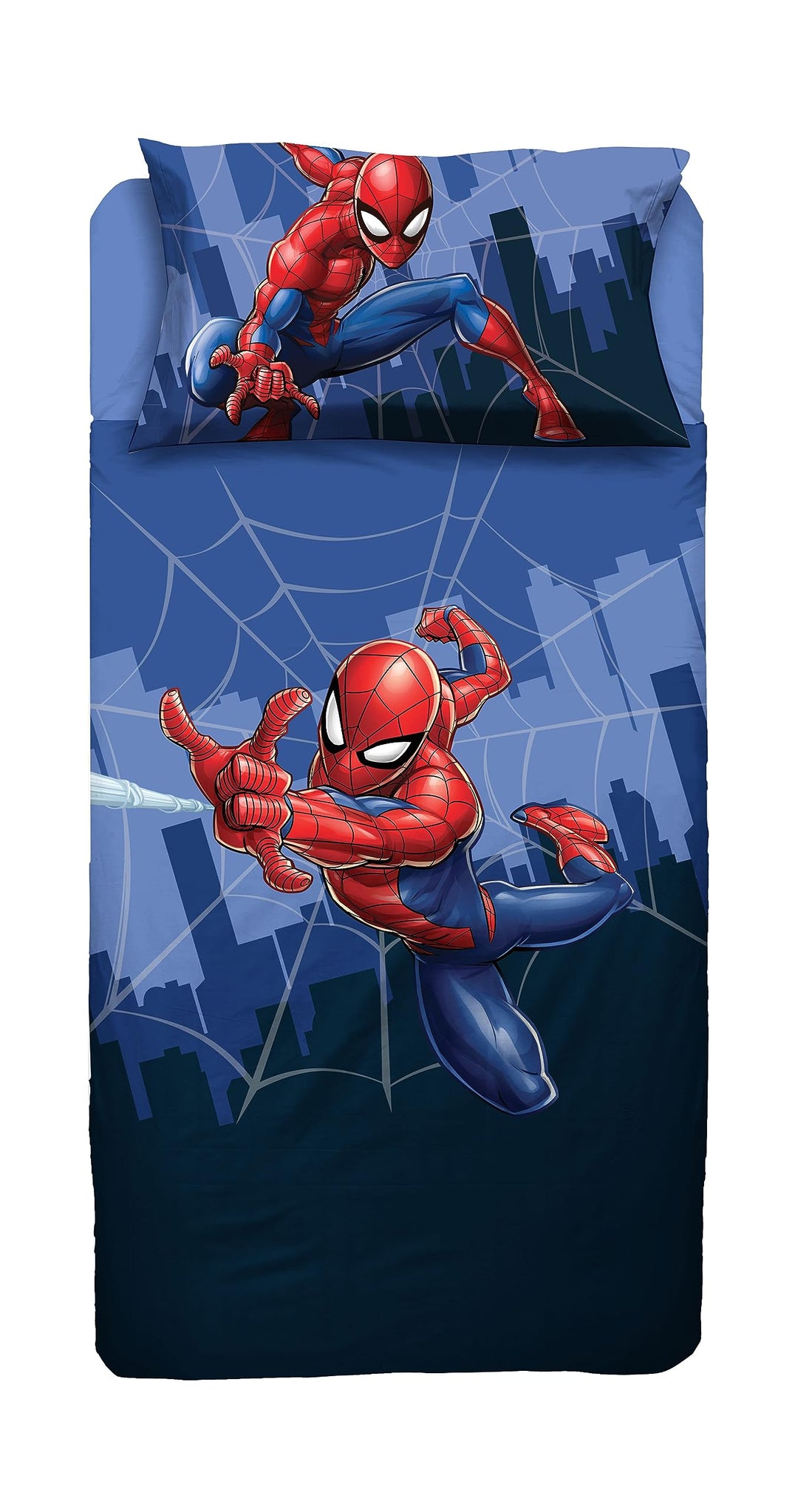 Spiderman, Bettlaken für Einzelbett, Spannbettlaken, Kissenbezug, Blau, Marvel, Disney, 100% Baumwol