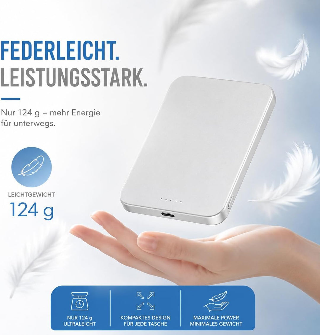 nevox Wireless Magnetic Powerbank 5000mAh kompatibel mit MagSafe® – 15W kabelloses Schnellladen, Sta