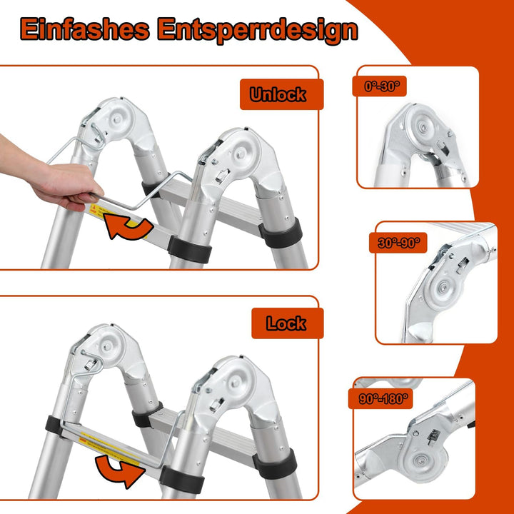 Lospitch 3.8M(1.9+1.9) M Aluminium Teleskopleiter klappbar Ausziehleiter mit Stabilisator Hochwertig