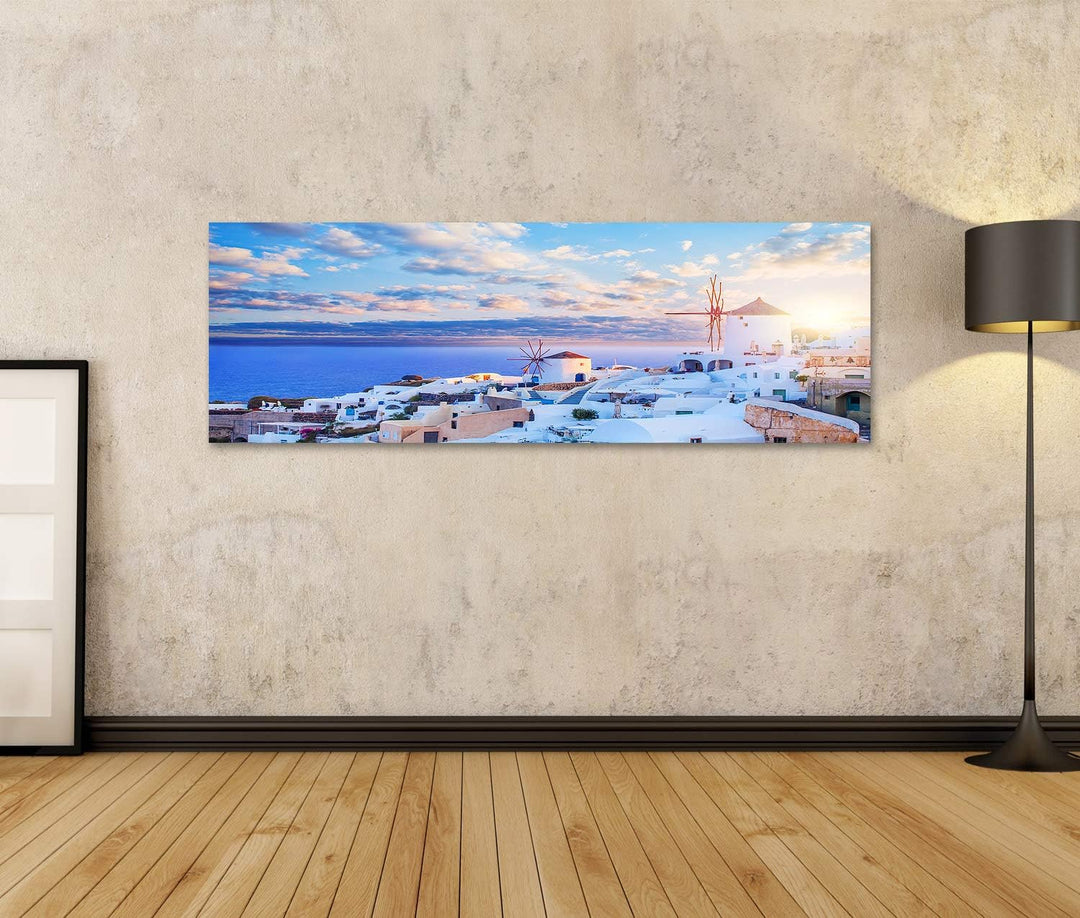 islandburner Bild auf Leinwand Santorini Skyline Blauer Himmel Wolken Oia Stadt Griechenland Wahrzei