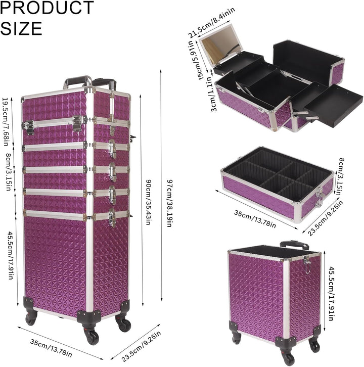 Kosmetikkoffer Trolley, 6-in-1 Schminkkoffer mit Spiegel & Schloss, Grosser Kosmetik Reisekoffer Mak