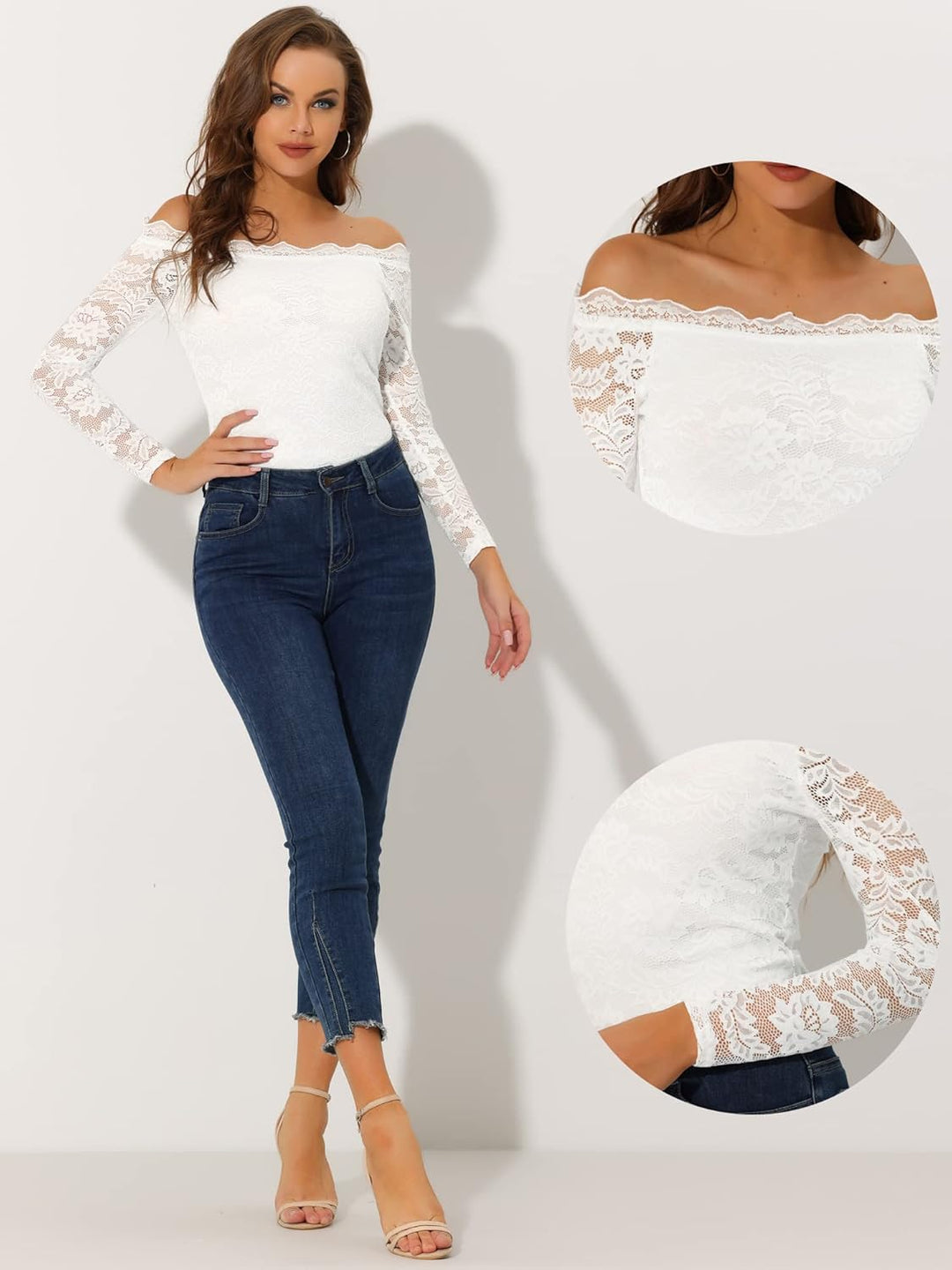 Allegra K Damen Off Shoulder Spitzenbluse Langarm Schulterfrei Oberteil Blumen Transparent Carmenblu
