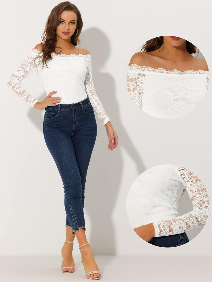 Allegra K Damen Off Shoulder Spitzenbluse Langarm Schulterfrei Oberteil Blumen Transparent Carmenblu