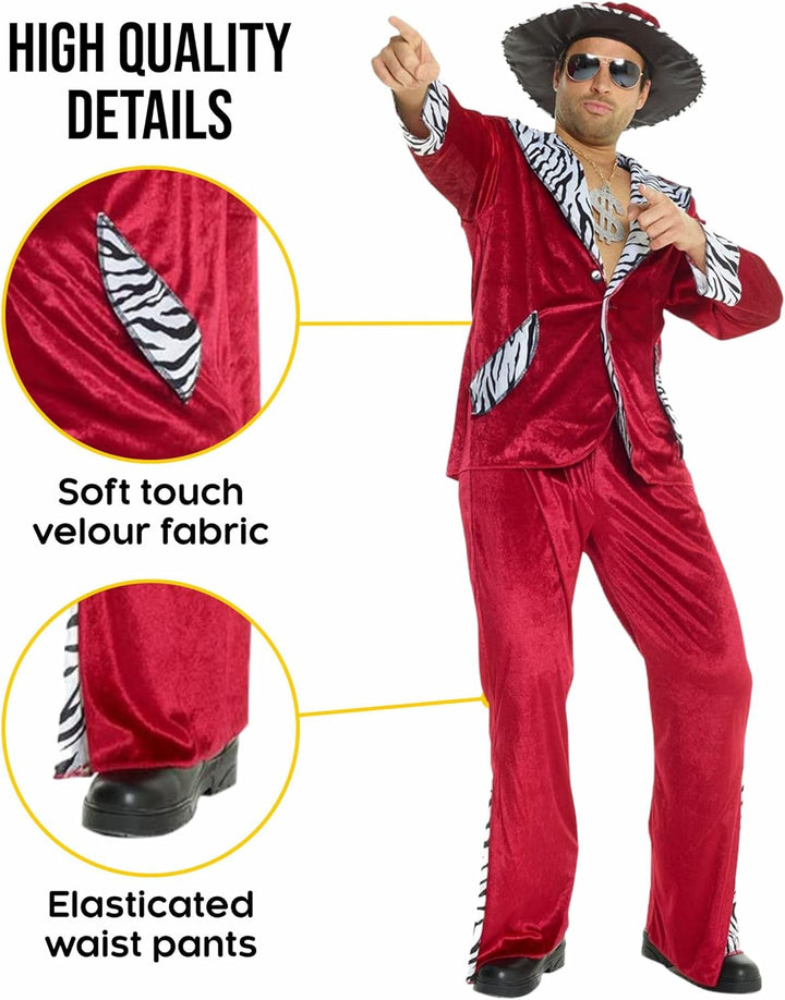 Morph Rotes Pimp Kostüm für Herren, 70er Jahre Outfit, Perfekt für Vegas und Halloween, M