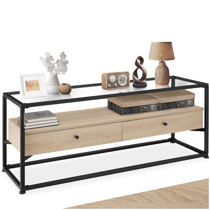 tectake® Lowboard mit 2 Schubladen und Ablagen, 121,5 x 41,5 x 50,5 cm, Fernsehtisch mit Glasplatte,