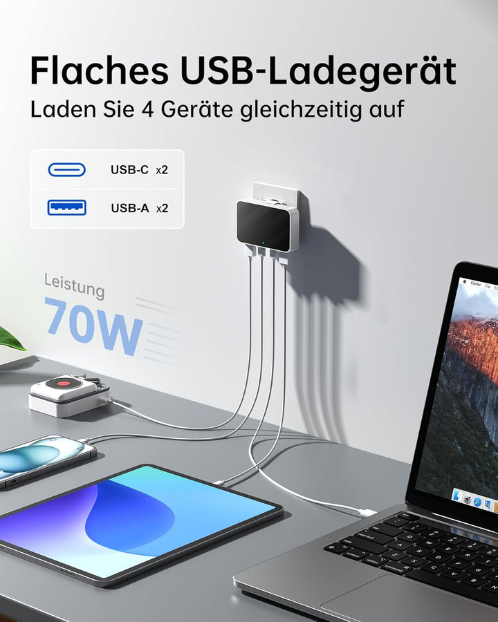 65W USB C Ladegerät Flach,USB Mehrfachstecker Ladestation mit 4 Ports,Reise Schnellladegerät USB C f