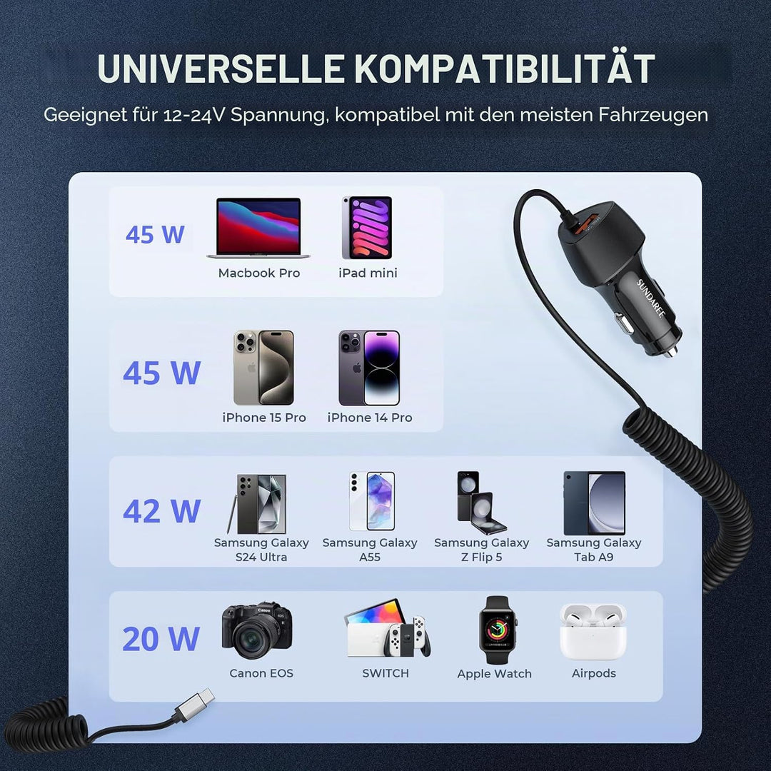 SUNDAREE Auto Ladegerät USB C Kabel,90W 12V 24V Kfz Handyladegeräte PD Typ C Schnellladen 1.8M Spira