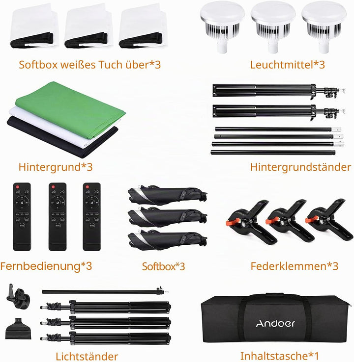 Andoer Fotostudio Set, 2M x 3M Hintergrund Stützsystem mit Softbox, Dauerlicht, Lichtstativ, Galgena
