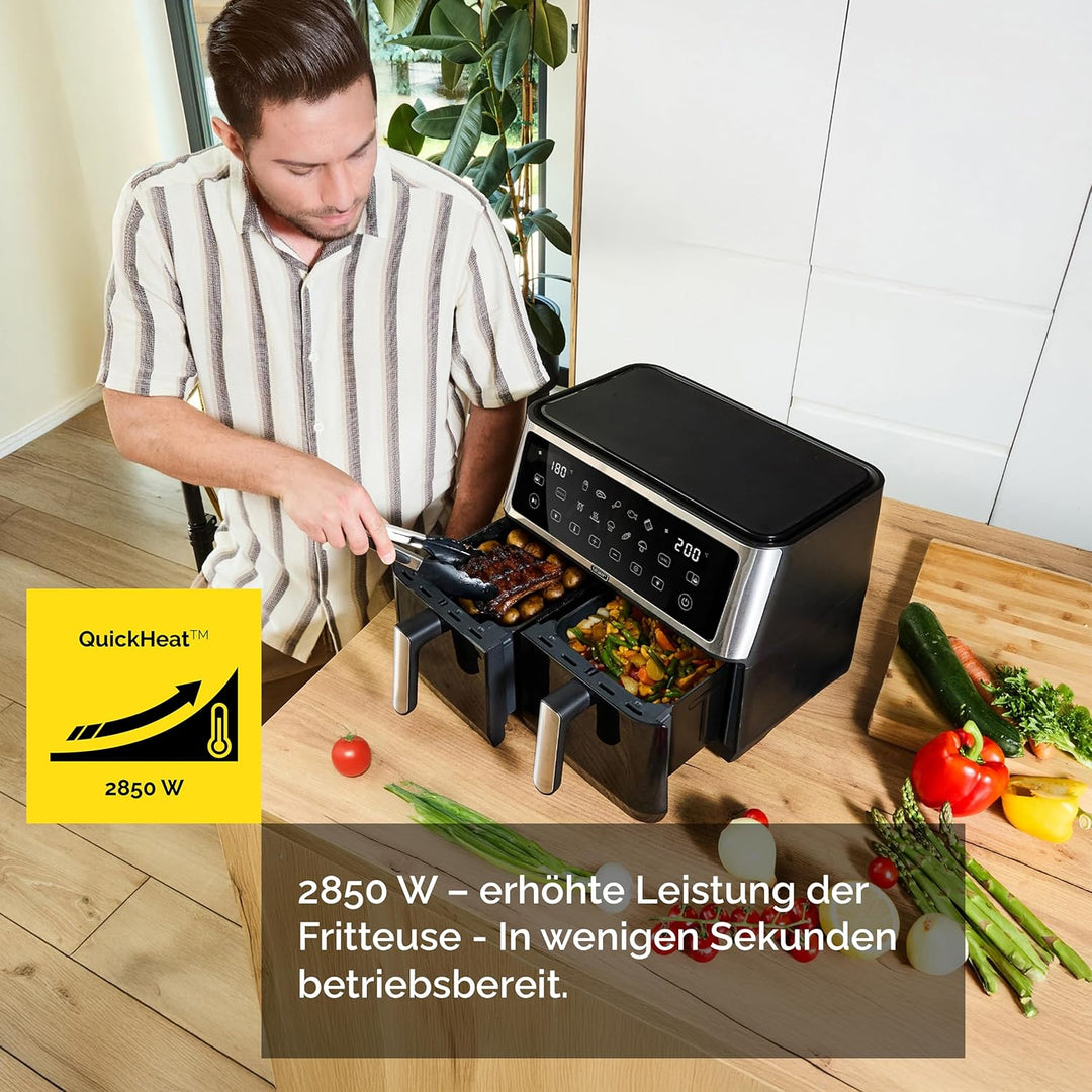 Yoer Heissluftfritteuse, 10L Airfryer, 2 Fächer, 6-in-1, 10 automatische Programme, Spülmaschinenfes