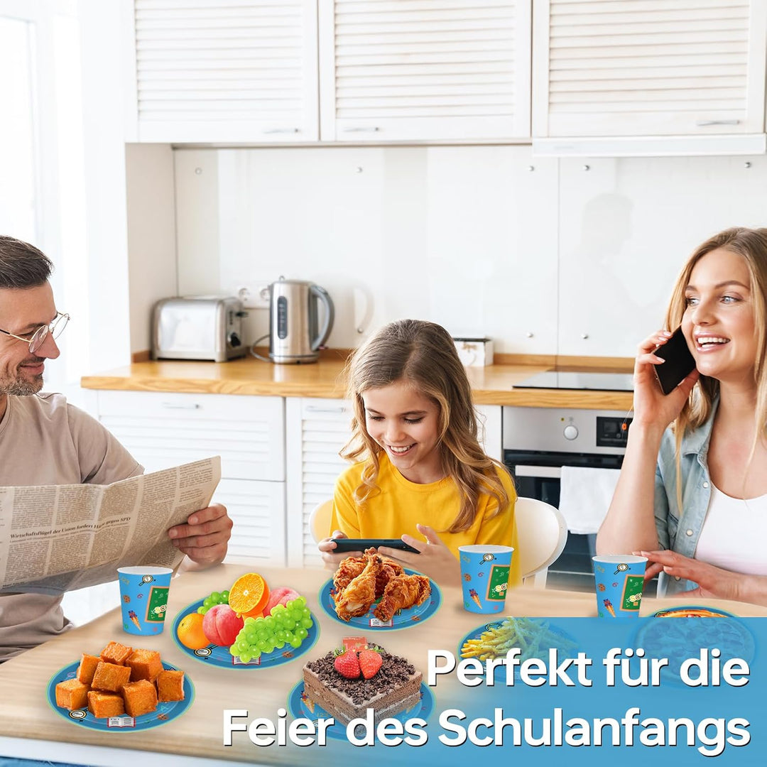 Einschulung Partygeschirr Set, 80pcs Schulanfang Pappgeschirr mit Pappteller Pappbecher Servietten f