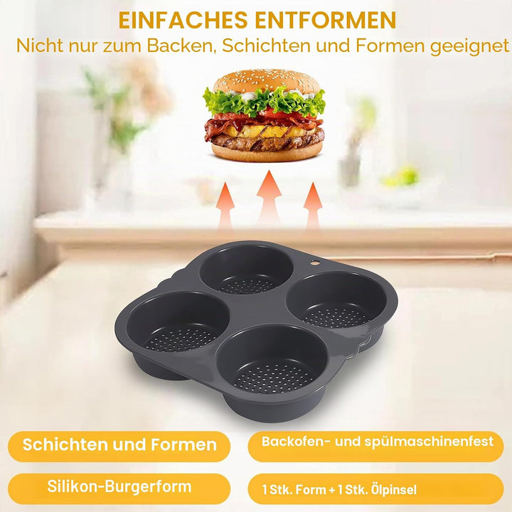 Burger Buns Backform Silikon, 23.5 X 23.5 X 4cm Burgerbrötchen Backform Rund 4 Gitter 10cm Brötchenb