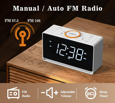 Radiowecker, 1,4-Zoll-Uhr mit weisser LED-Anzeige, Bluetooth, UKW-Radio, Dual-Alarm, Sleep-Timer, Sn