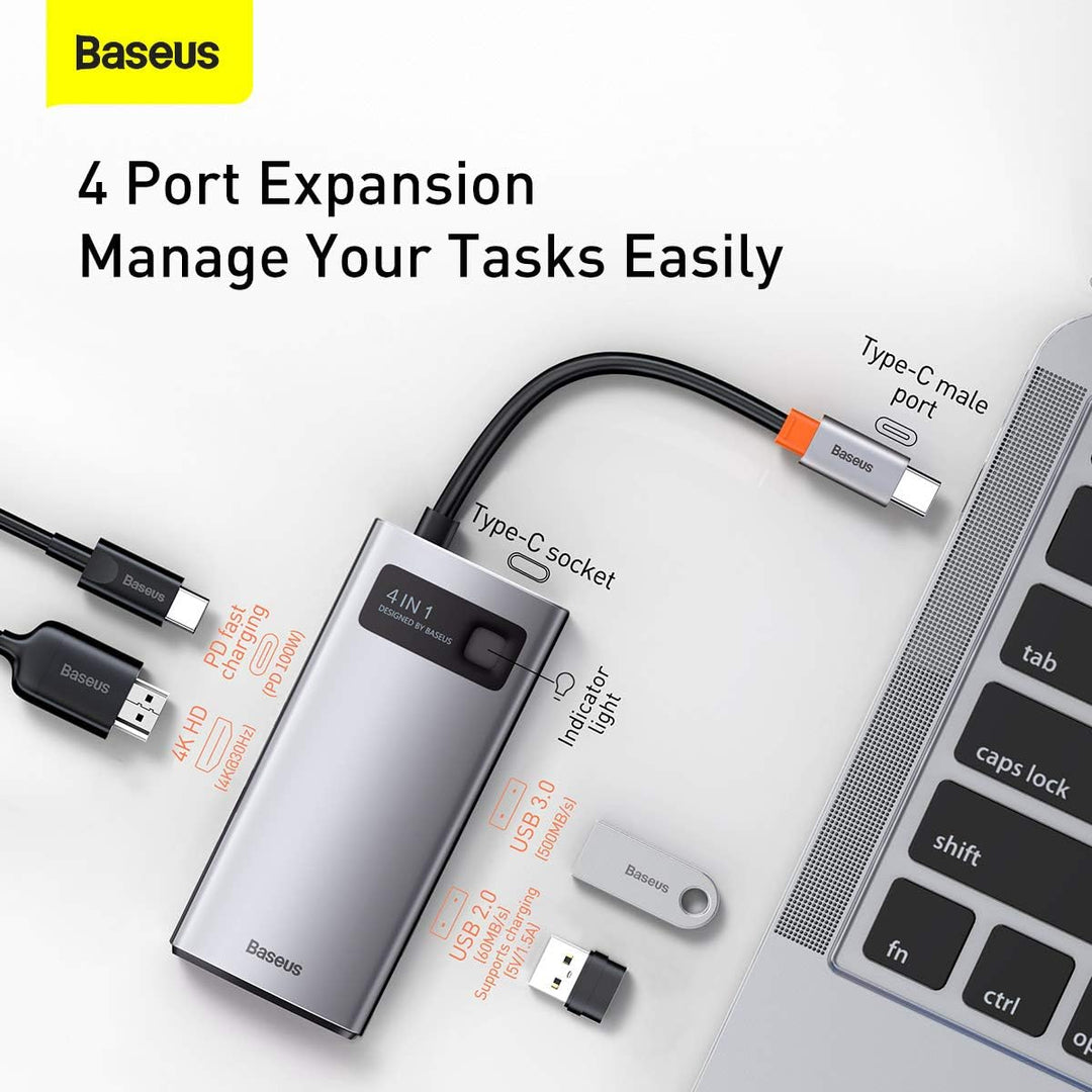 Baseus Metal Gleam 4 in 1, Multifunktions-PC/Telefon-Hub Adapter, Grau, Anzahl der Anschlüsse: 4, Ei