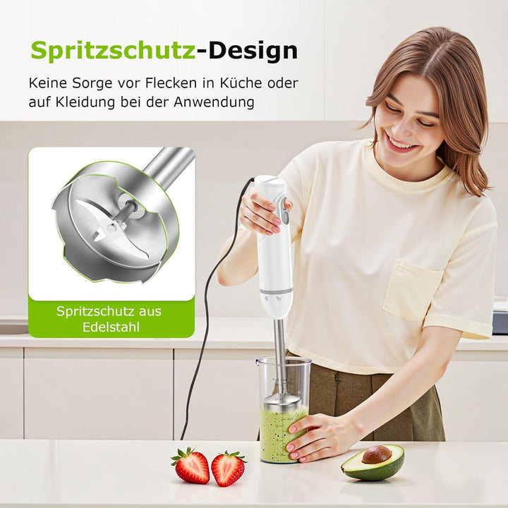 Bonsenkitchen 2-in-1 Pürierstab, 1000 W Edelstahl-Stabmixer, 2 Geschwindigkeiten, mit 700 ml Messbec