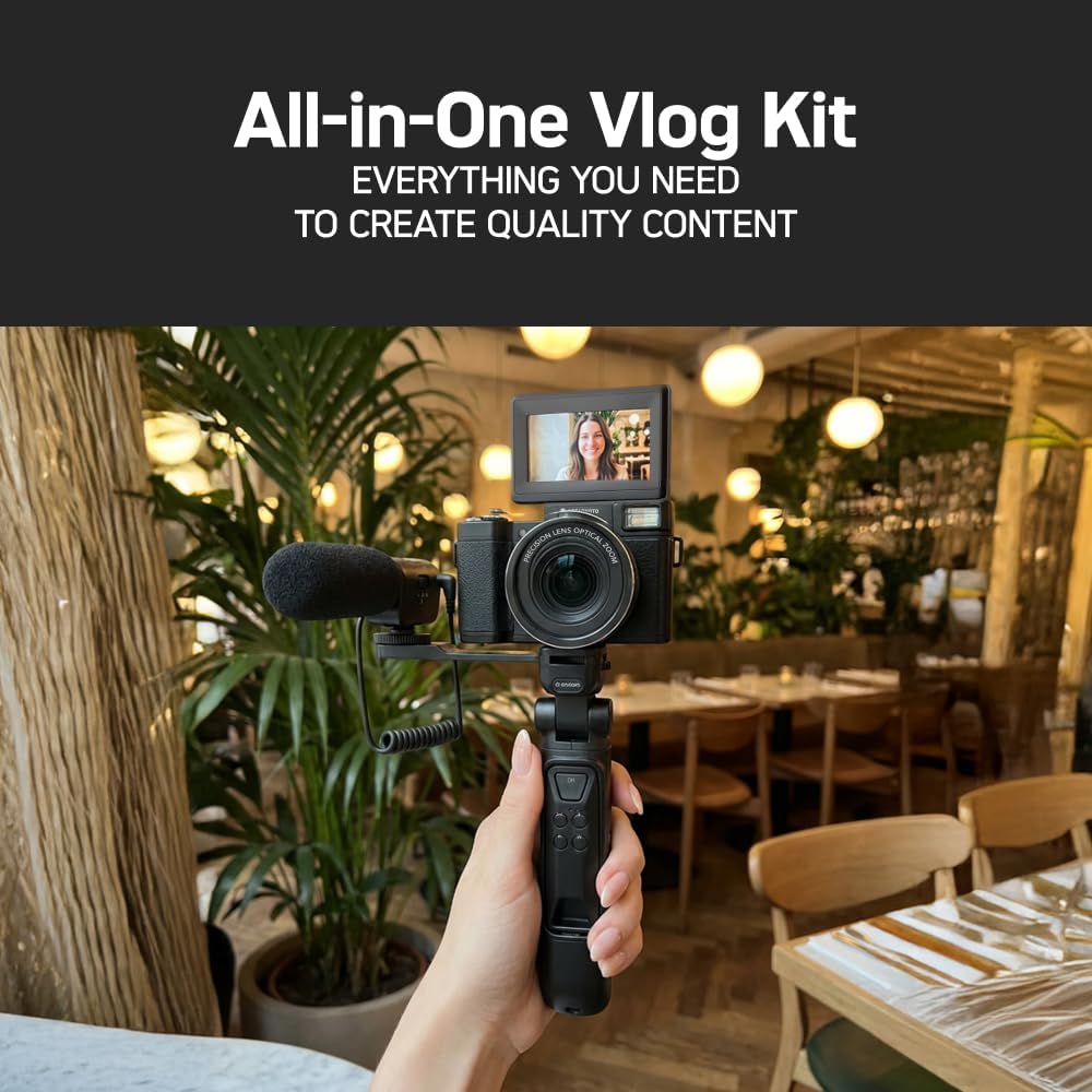 AGFA Photo Vlogging Kit VLG-4K Schwarz mit 8X optischem Zoom, Powerbank-Stativ, Fernbedienung, Mikro