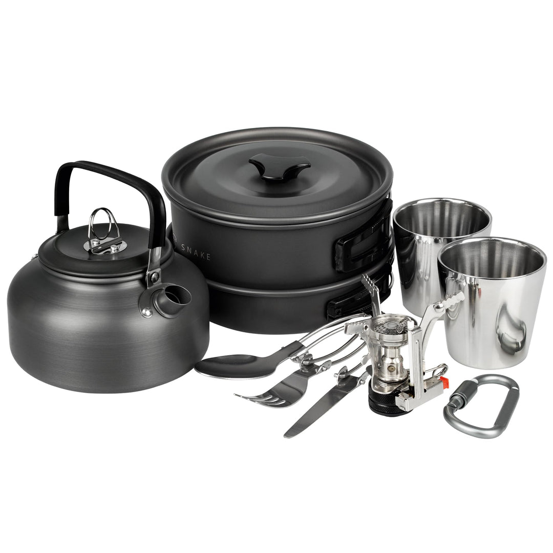 Black Snake® Camping Geschirr 'Black Forest' Kochgeschirr Kombination mit Edelstahl Becher Set und B