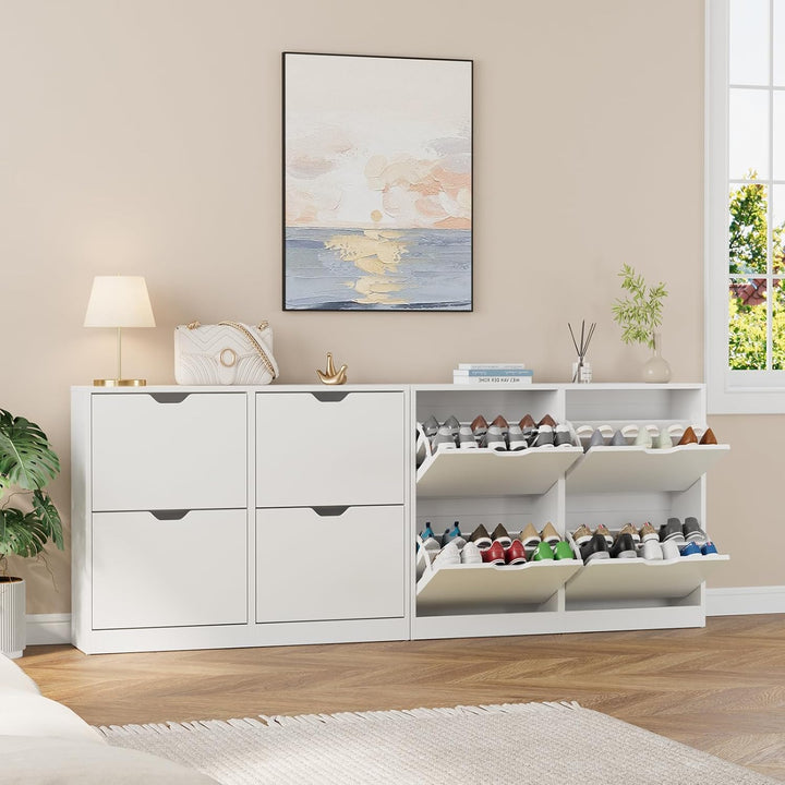 VOWNER Schuhschrank mit 4 Klappen, Schuhschrank Weiss, Schmaler Schuhregal, mit 8 Fächern, Schuhabla