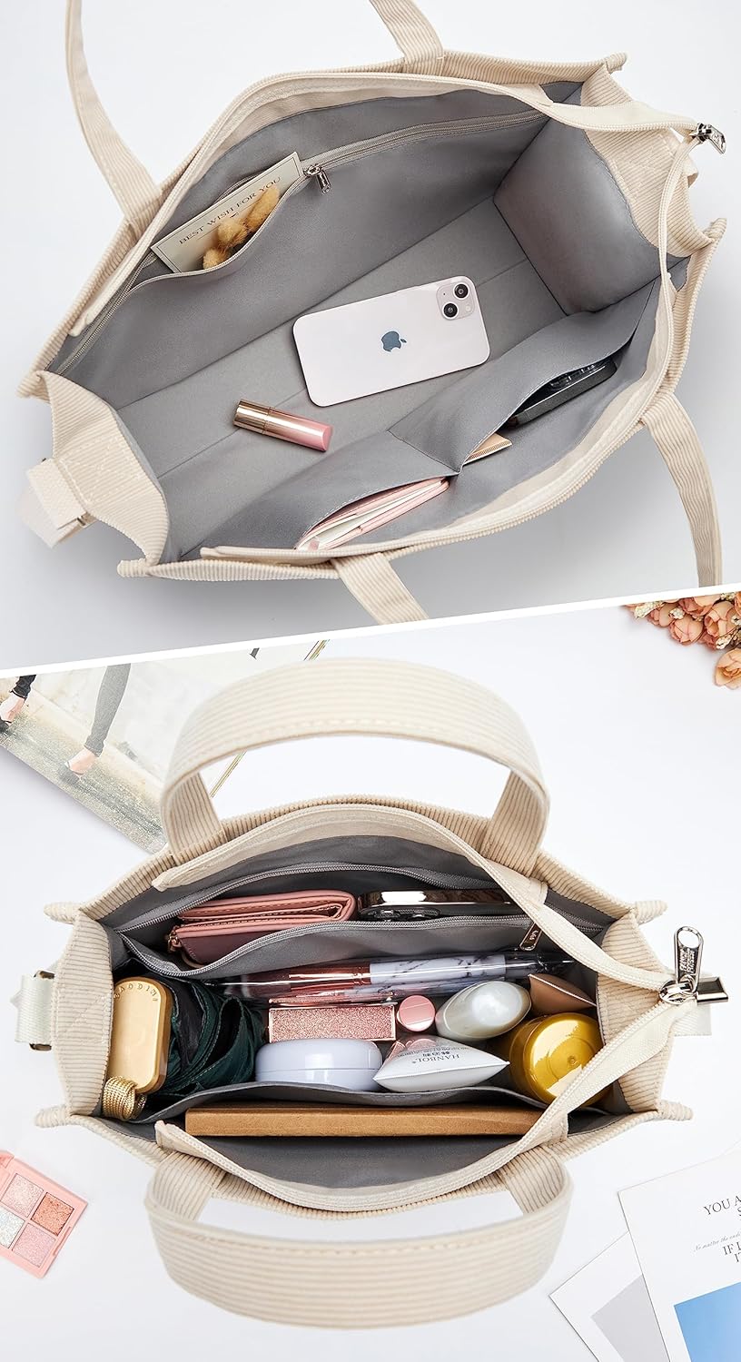 KALIDI Cord Tasche Umhängetasche Damen mit Reissverschluss, Handtasche Schultertasche Shopper für Sc