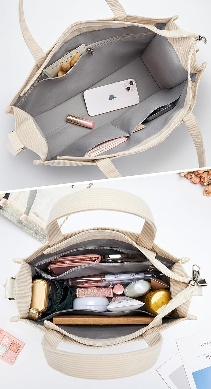 KALIDI Cord Tasche Umhängetasche Damen mit Reissverschluss, Handtasche Schultertasche Shopper für Sc