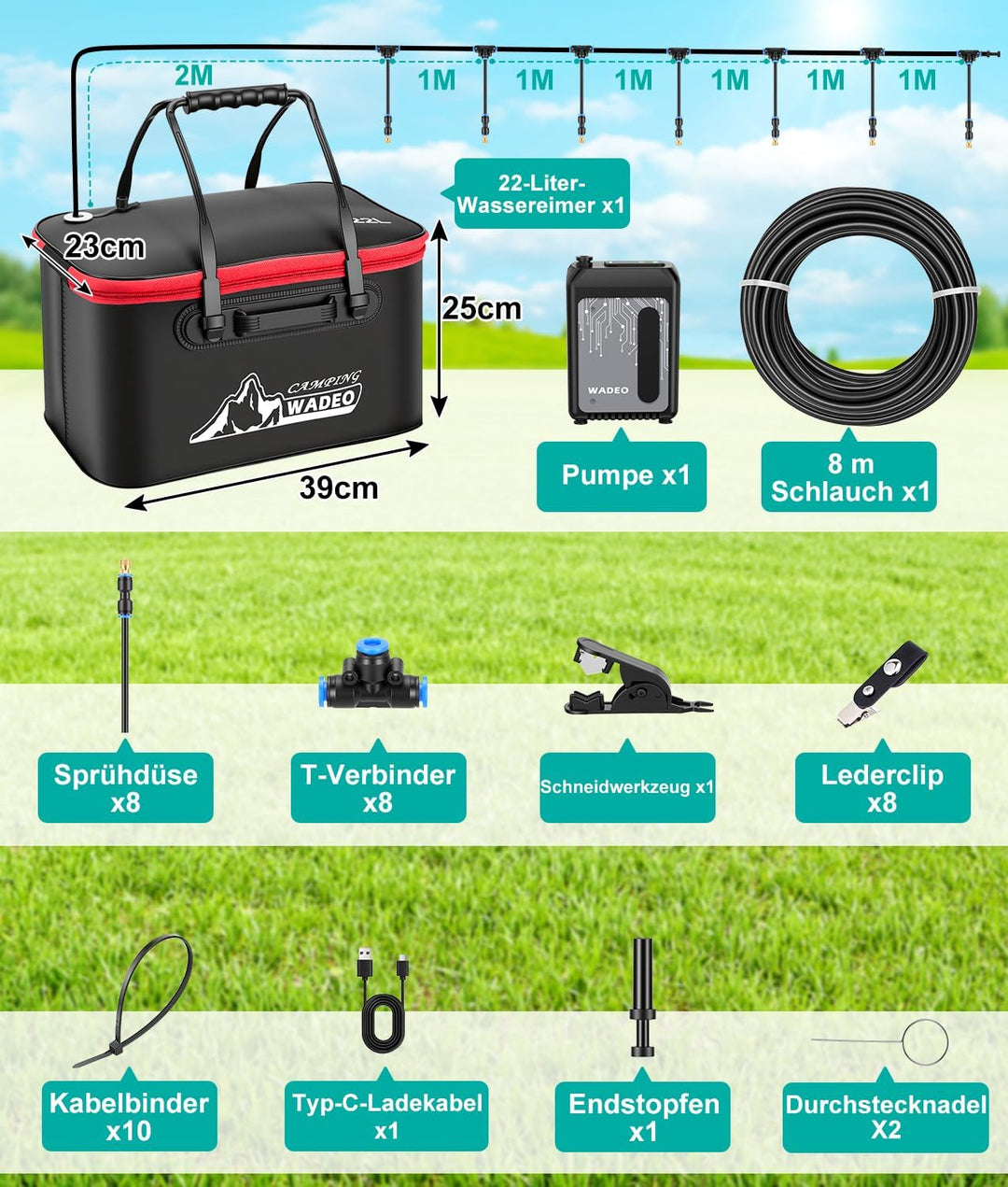 WADEO Sprühnebel Kühlung Nebelkühlsystem mit 6000-mAh-Pumpe, 22-Liter-Wassereimer, 8 m Schlauch, 8 M