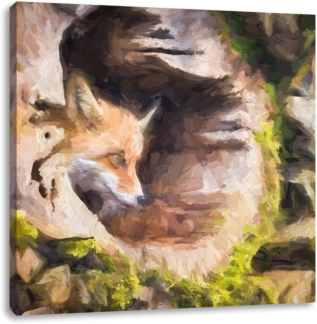 schöner Fuchs im Baumstamm, Format: 70x70 auf Leinwand, XXL riesige Bilder fertig gerahmt mit Keilra