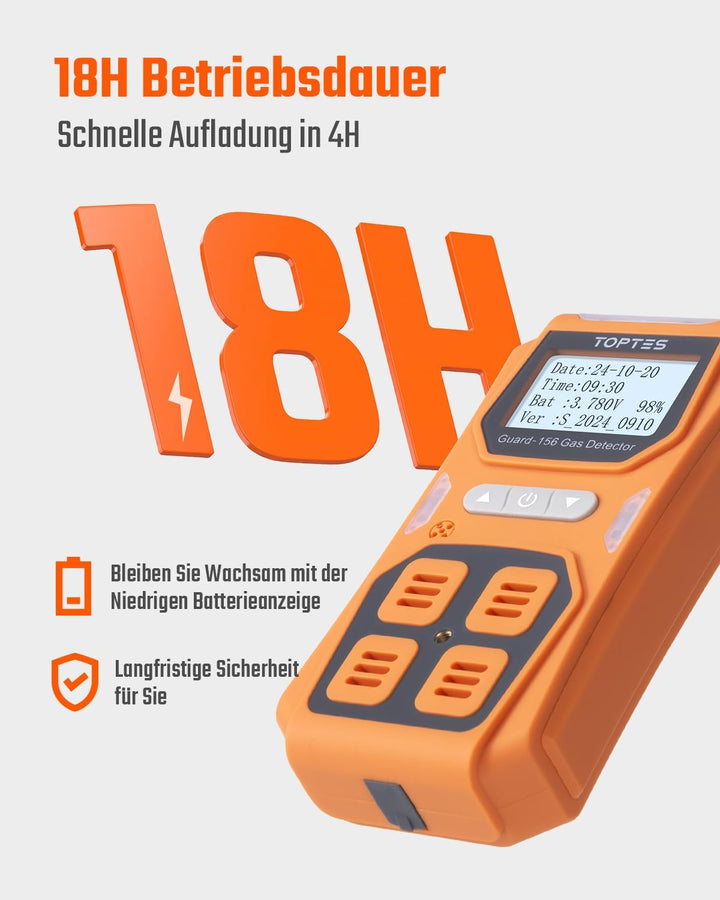 TopTes Guard-156 Gasmelder, 4 Gasmelder Für H2S, CO, LEL und O2, mit 3 Alarmmodi (visuell, Vibration