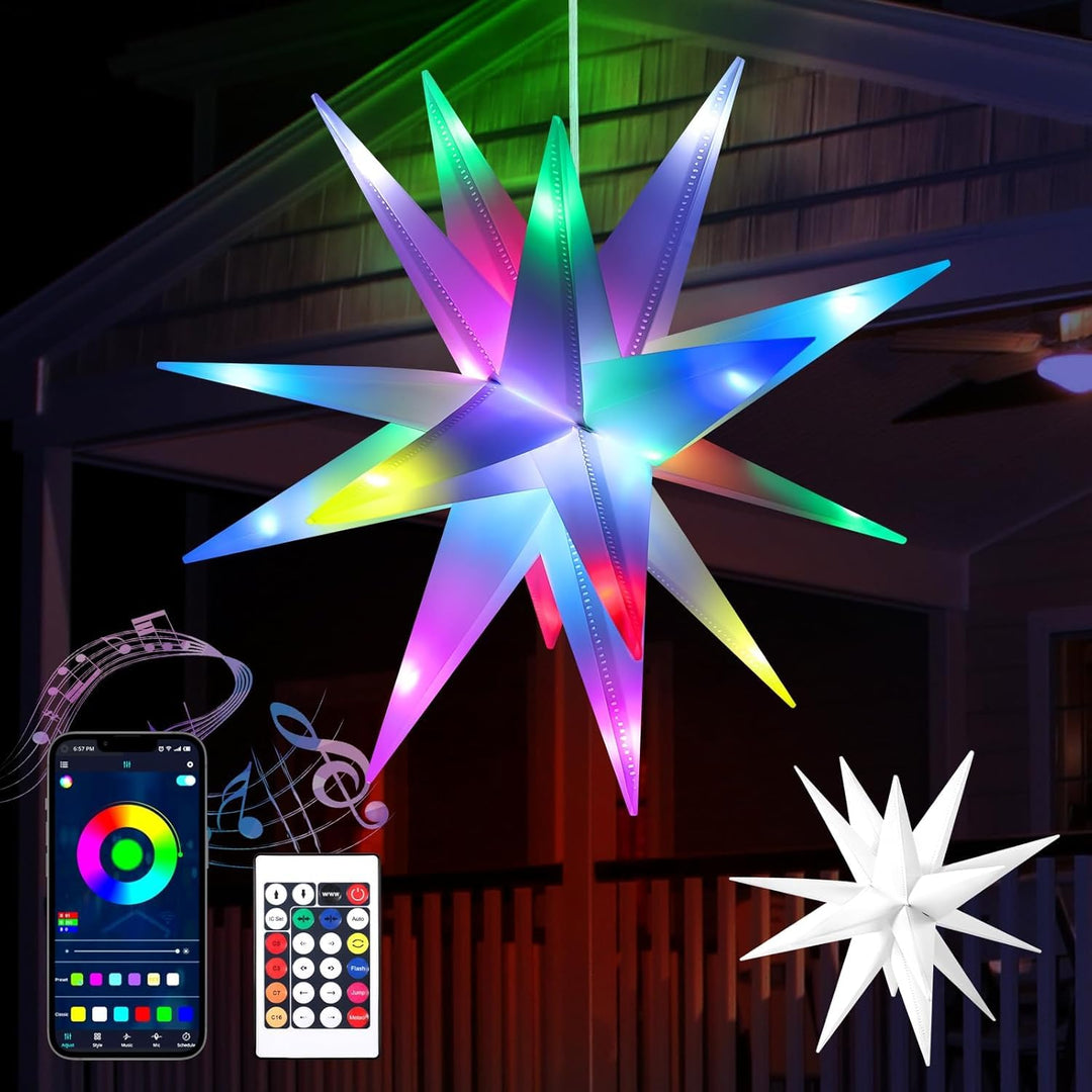 3D LED Leuchtstern Garten, Weiss LED inkl. Warm & Colorful LED Beleuchtung with Remote Control Star