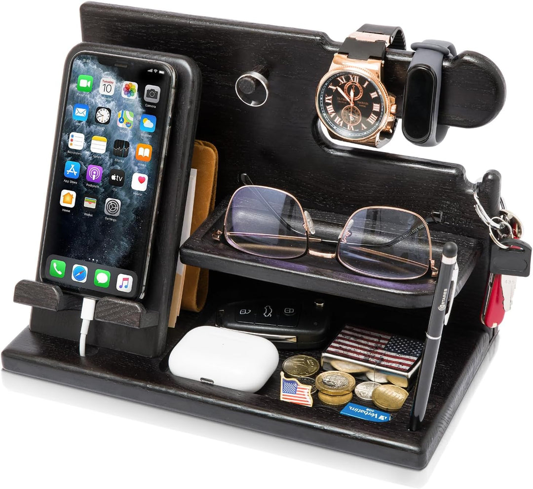 TESLYAR Männer Docking Station & Schreibtisch Organizer Holz mit Handyständer Schwarz für Büro Aufbe